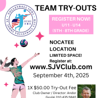 SJVC - 2025 / 2026 School Calendar Year - Travel Teams Tryouts - Sept 4th, 2025 Tryout Date