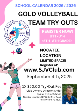 SJVC - 2025 / 2026 School Calendar Year - Travel Teams Tryouts - Sept 4th, 2025 Tryout Date